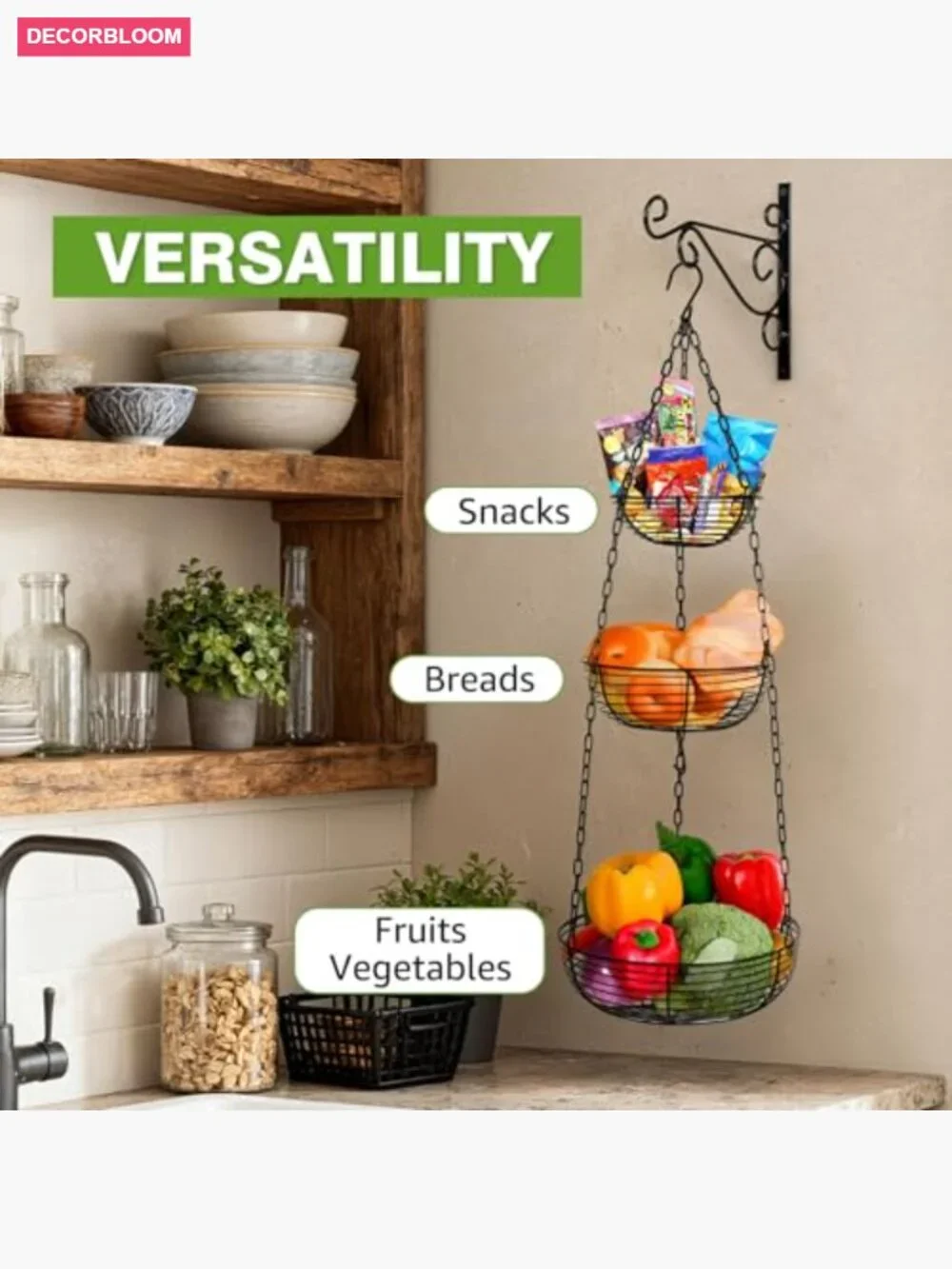 3 Tier Hanging Fruit Basket with Banana Hook, Heavy Duty Wire Kitchen Storage